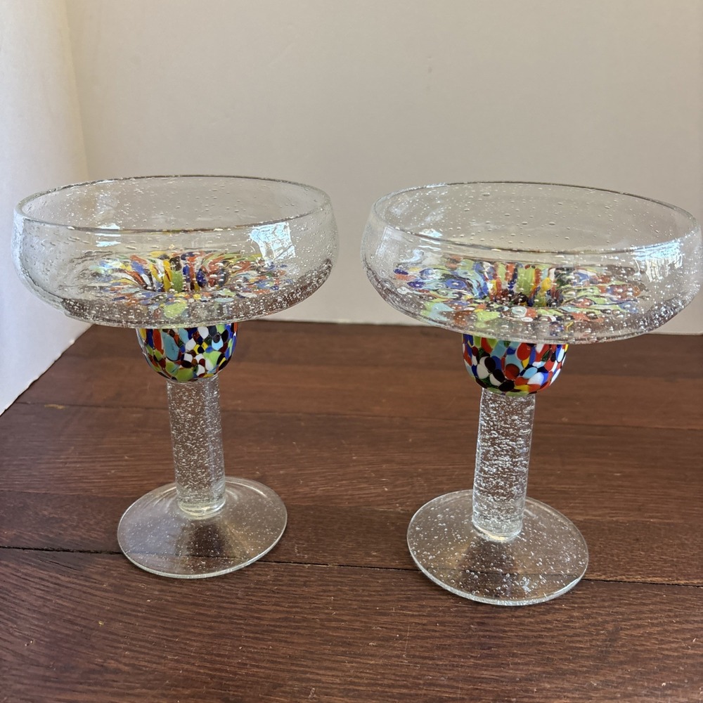 Home Studio Hand Blown Baja Confetti Colorful Margarita Glasses Set‎ of 2